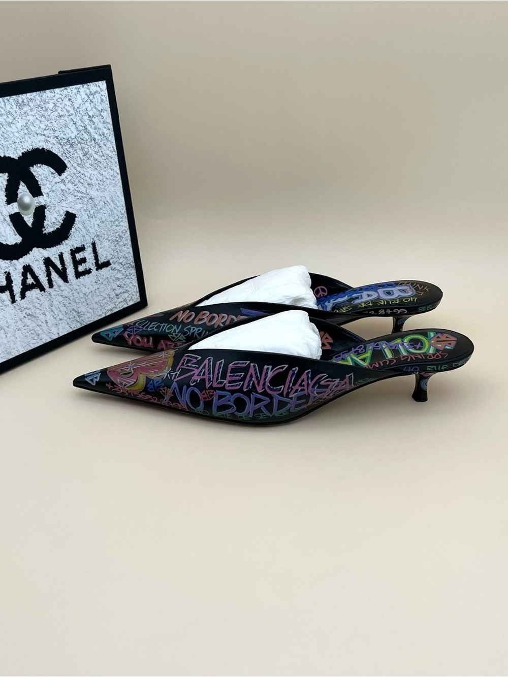 Balenciaga Black Multicolor Graffiti Pointed-Toe Kitten Heel Mules